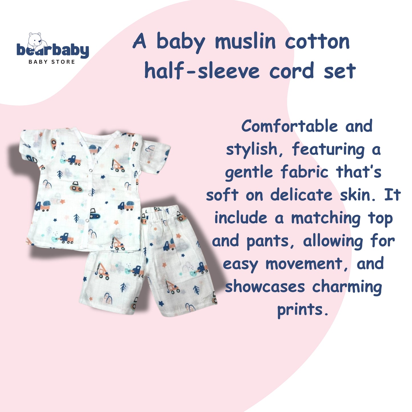 Baby Unisex Organic Cotton Muslin Half Sleeves Jhabla & Payjama Set - Size 6m-9m-Truck Print