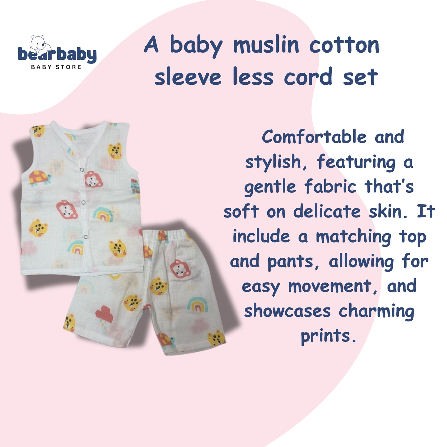 Baby Unisex Organic Cotton Muslin Sleevless Jhabla & Payjama Set - Size 3m-6m-Monkey Print