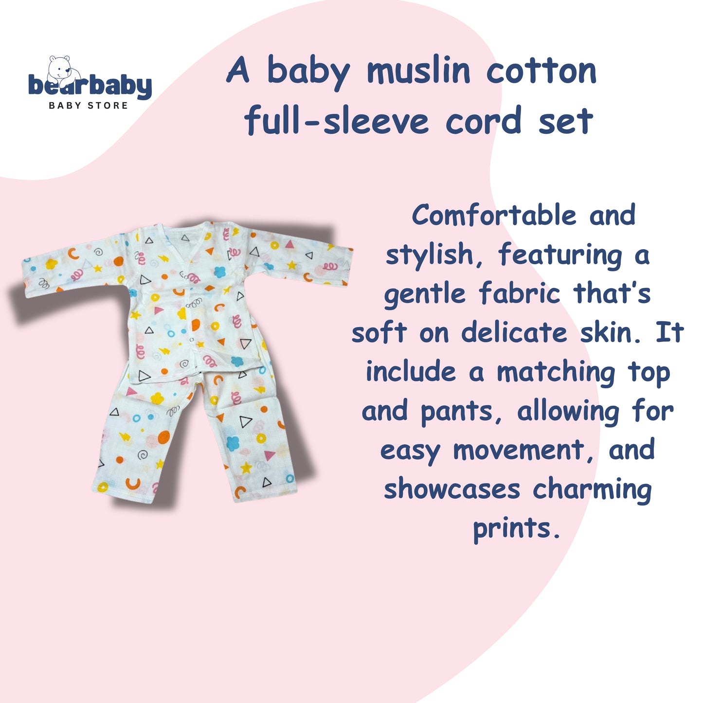 Baby Unisex Organic Cotton Muslin Full Sleeves Jhabla & Payjama Set - Size 9m-12m-Shape Pattern