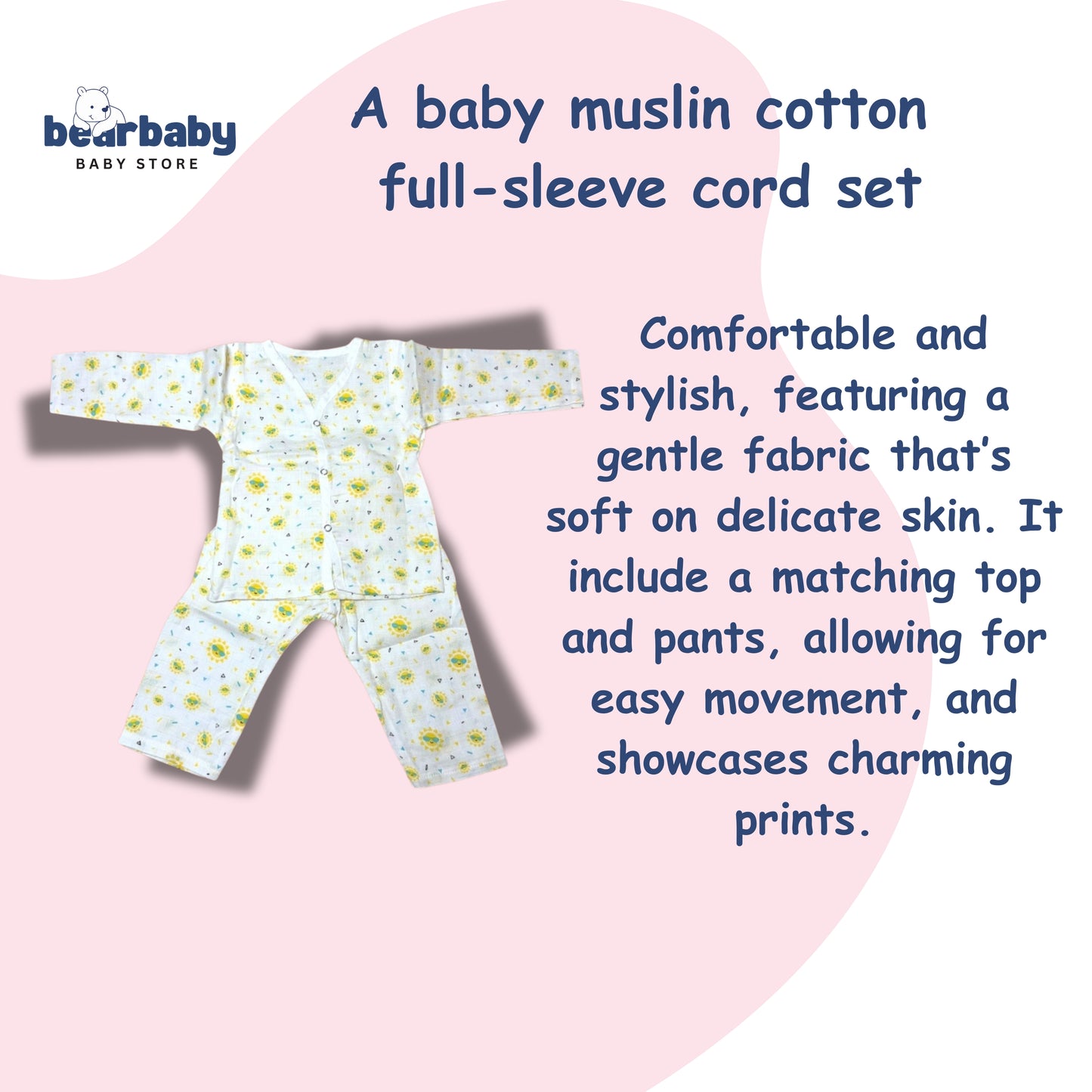 Baby Unisex Organic Cotton Muslin Full Sleeves Jhabla & Payjama Set - Size 6m-9m-Sun Print