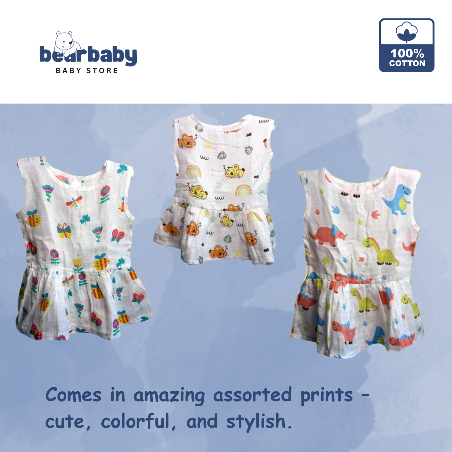 Baby Girl Organic Cotton Sleeveless Frock-Size6M-12M-Combo Pack of 3-Assorted Prints 1