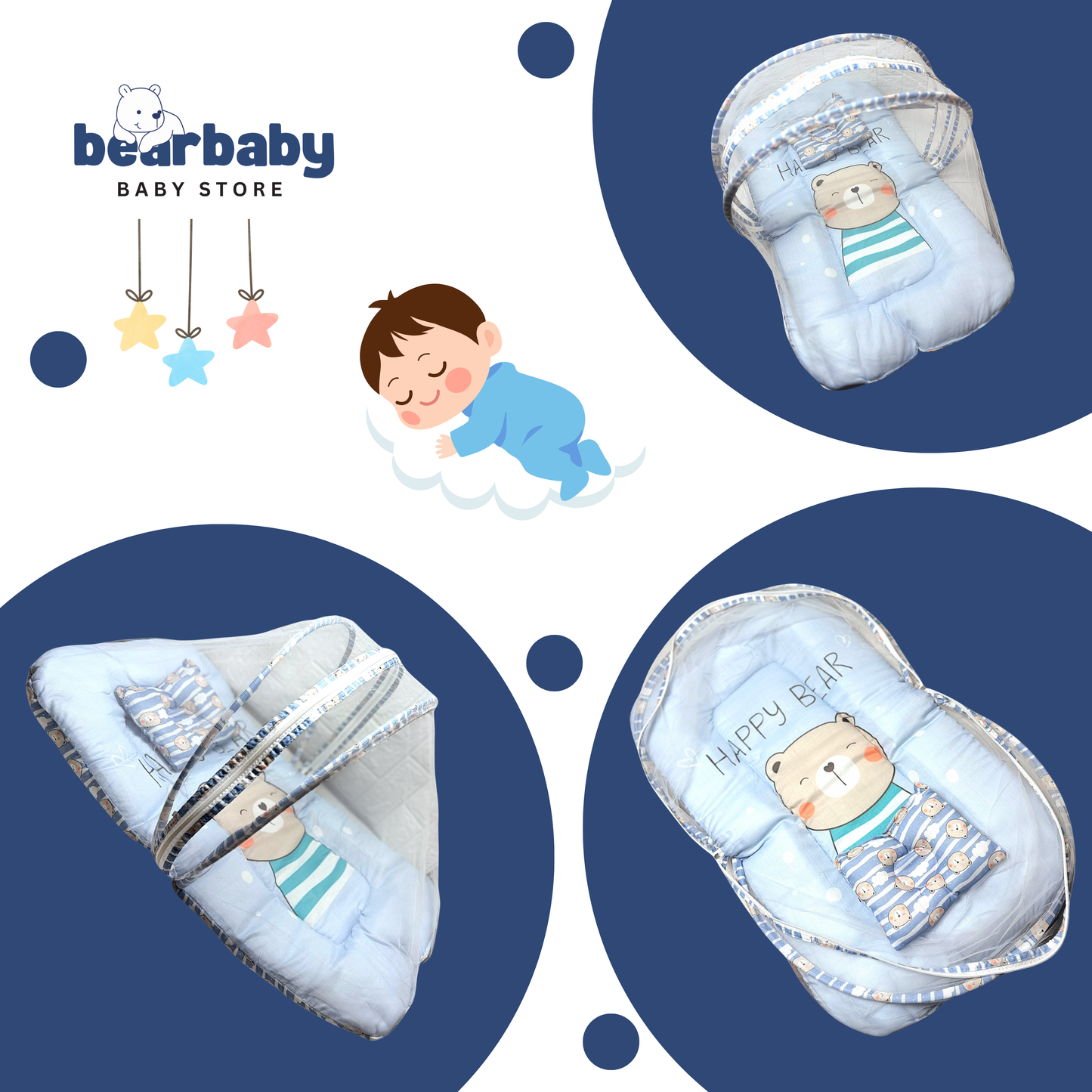 Baby Bed with Thick Mattress & Mosquito Net & Neck Pillowwith Zip Closure-Happy Bear