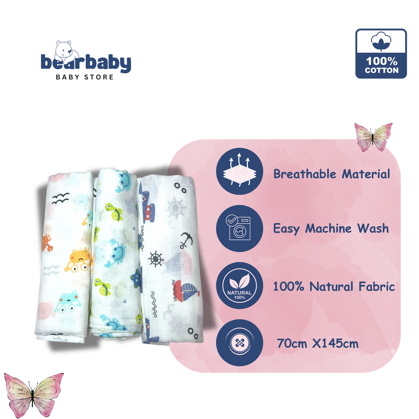 Muslin Soft Cotton Swaddle/Baby Wrapper-Size 100cm*100cm-Combo Pack of 3-Assorted Prints1