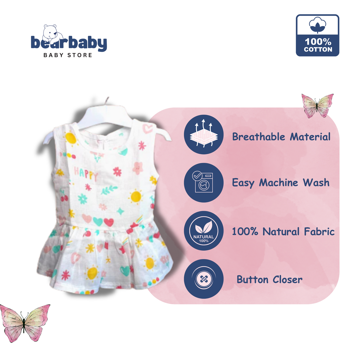 Baby Girl Organic Cotton Sleeveless Frock-Size(3M-6M)-Pack of 3-Assorted Prints 3