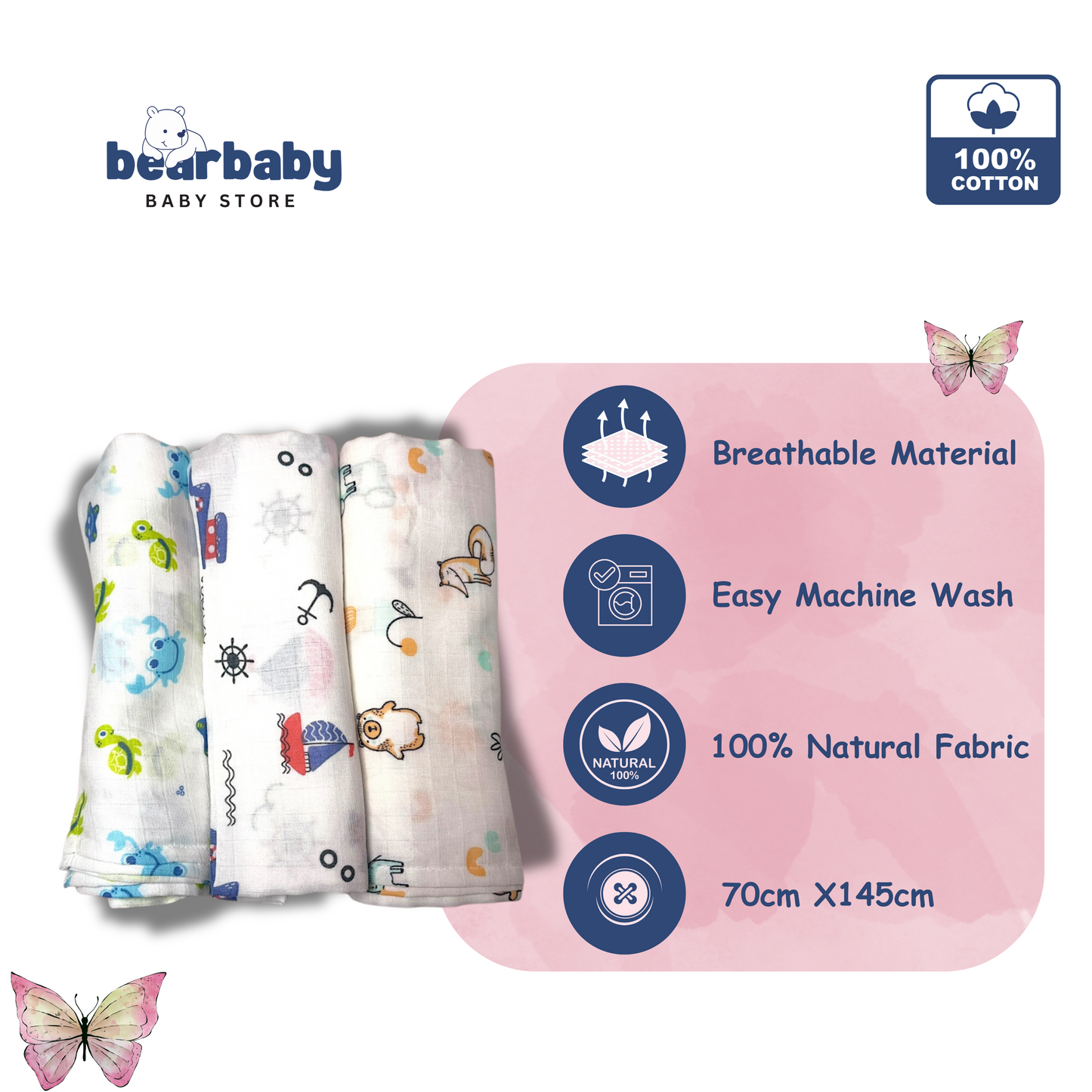 Muslin Soft Cotton Swaddle/Baby Wrapper-Size 100cm*100cm-Combo Pack of 3-Assorted Prints2