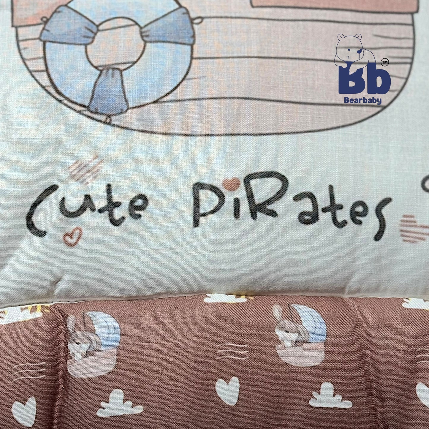 BearBaby Premium Embroidery Cotton Bedding Set | Baby Mattress with Bolster Set & Free Pillow | Soft & Washable Newborn Bedding (0–12 Months) BROWN