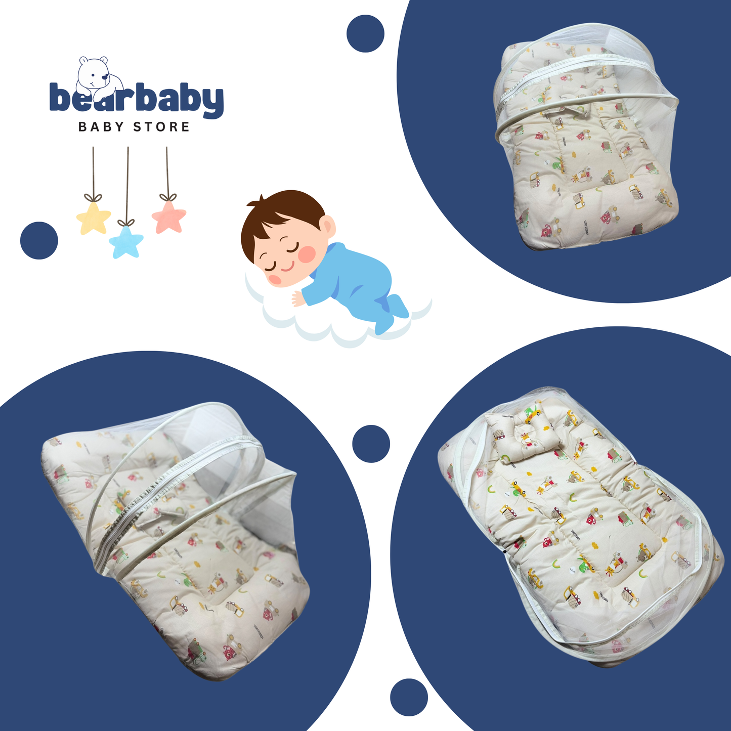 Baby Bed with Thick Mattress & Mosquito Net & Neck Pillowwith Zip Closure-Animal Print