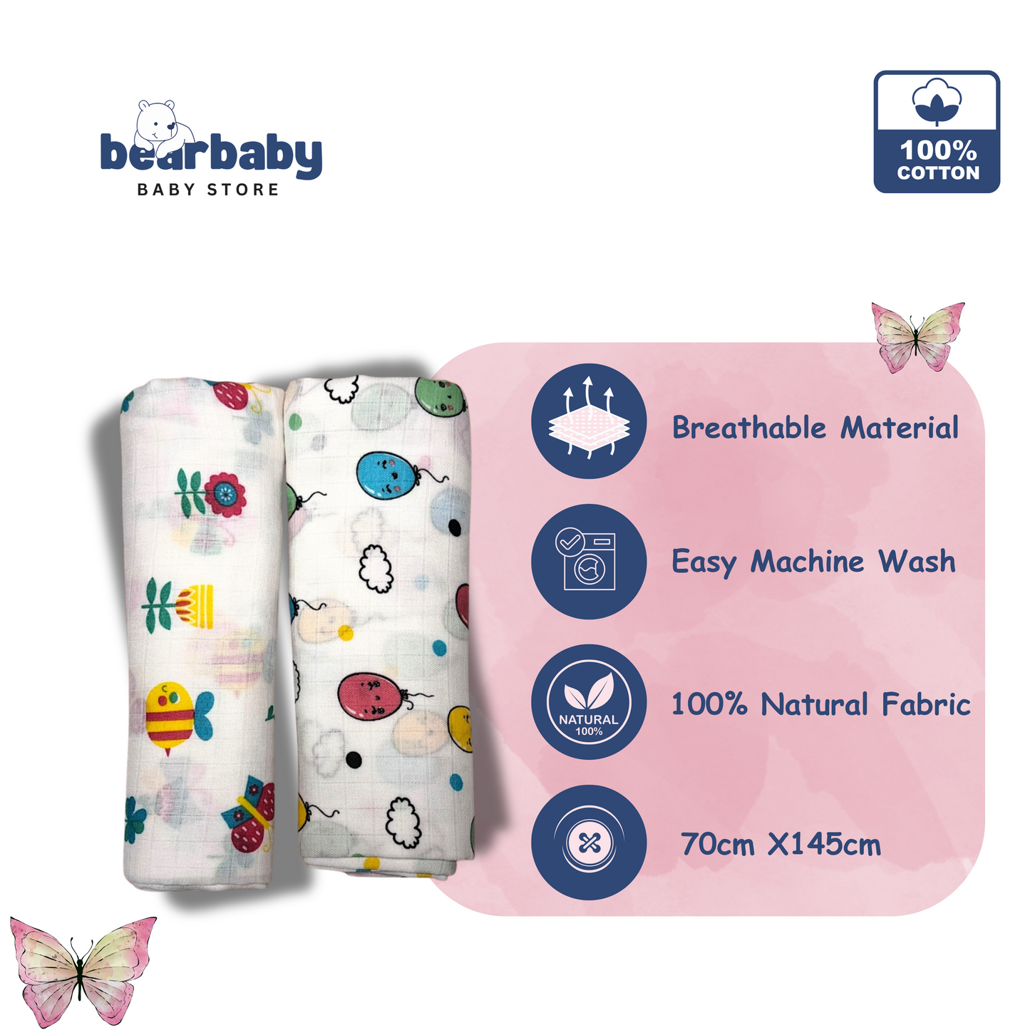 Muslin Towel for Newborn Baby-1Layer/Size 70cm*145cm-Combo Pack 2-Assorted Prints2