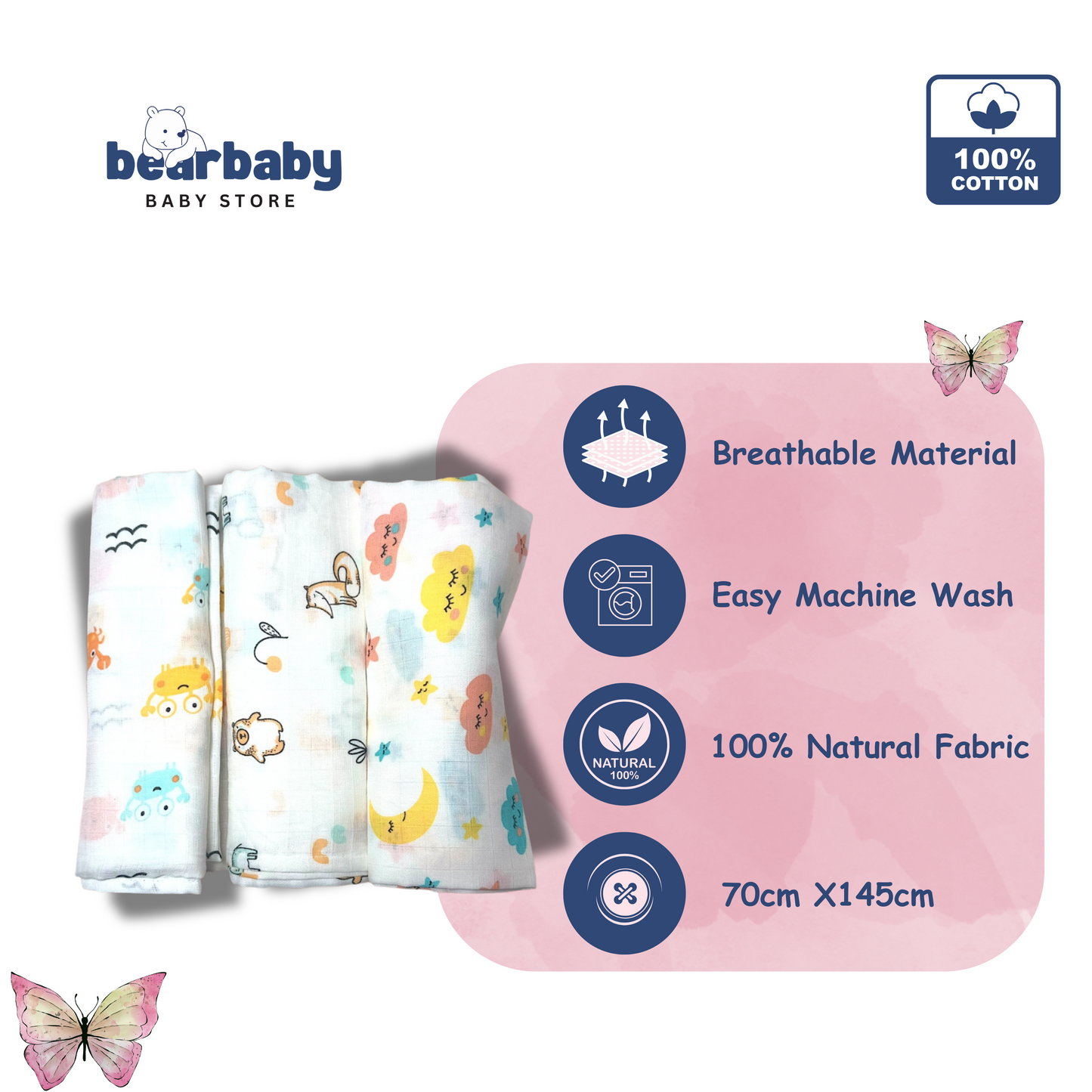Muslin Soft Cotton Swaddle/Baby Wrapper-Size 100cm*100cm-Combo Pack of 3-Assorted Prints4