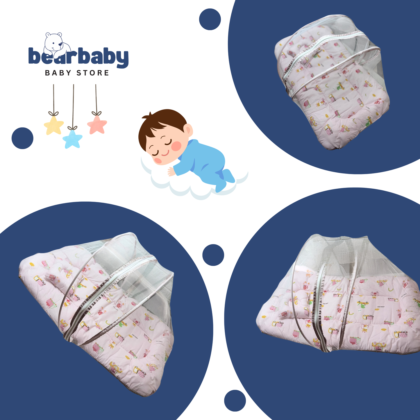 Baby Bed with Thick Mattress & Mosquito Net & Neck Pillowwith Zip Closure-Animal Print