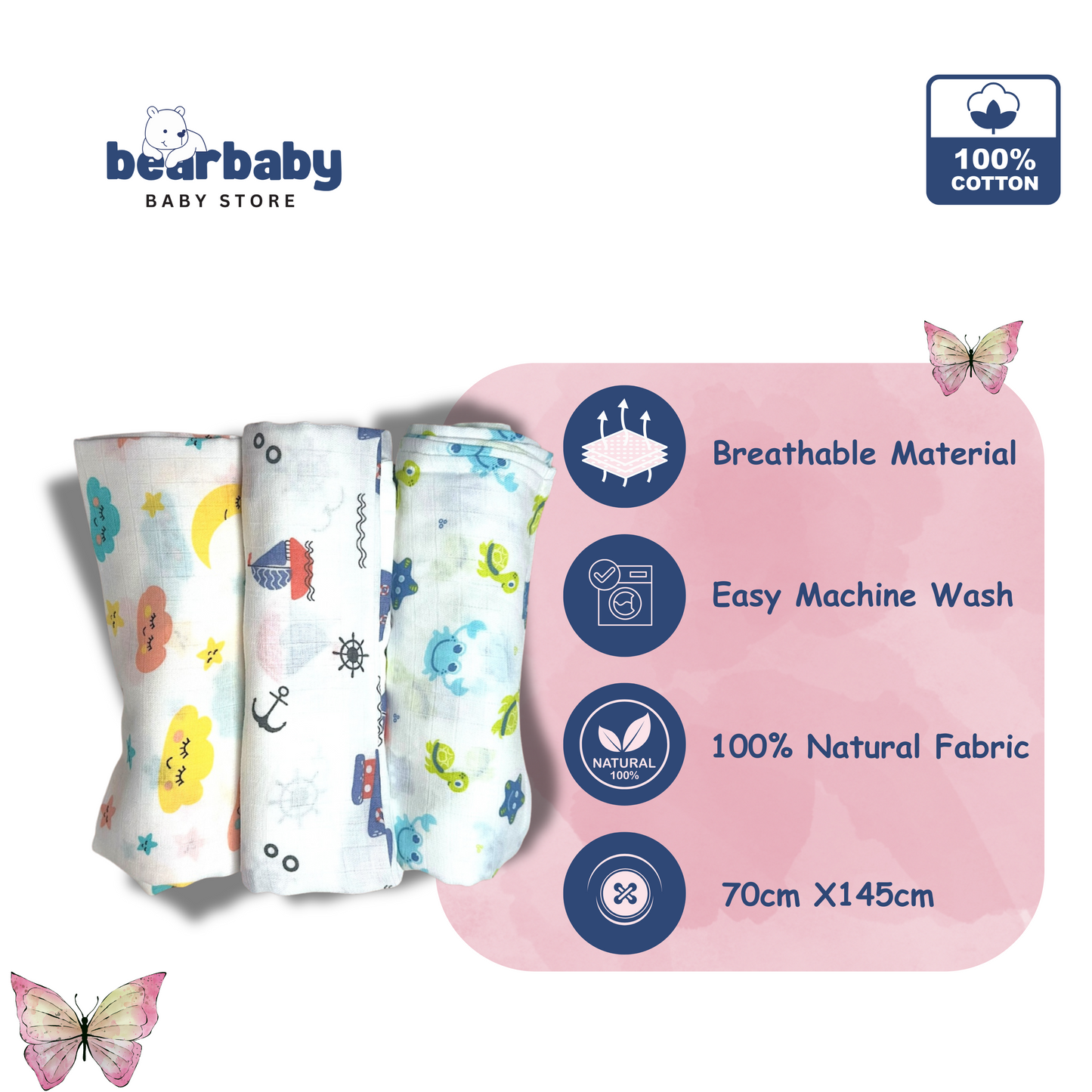 Muslin Soft Cotton Swaddle/Baby Wrapper-Size 100cm*100cm-Combo Pack of 3-Assorted Prints5