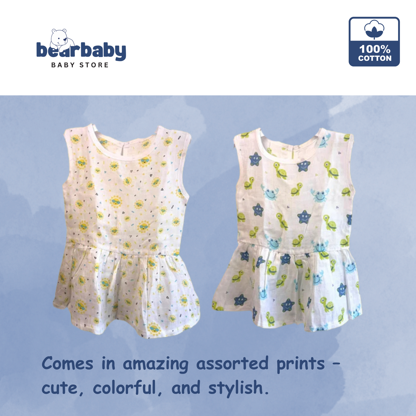 Baby Girl Organic Cotton Sleeveless Frock-Size6M-12M-Combo Pack of 2-Assorted Prints 2