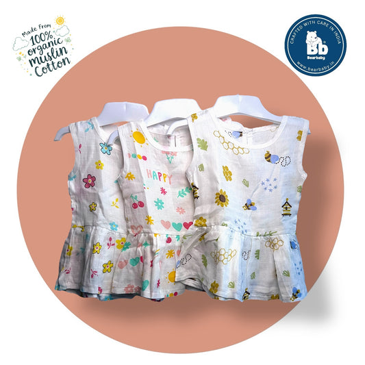 Baby Girl Organic Cotton Sleeveless Frock-Size(3M-6M)-Pack of 3-Assorted Prints 1