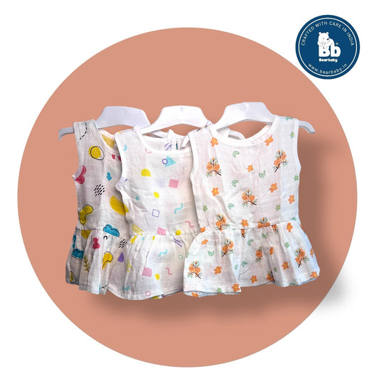 Baby Girl Organic Cotton Sleeveless Frock-Size(3M-6M)-Pack of 3-Assorted Prints 2