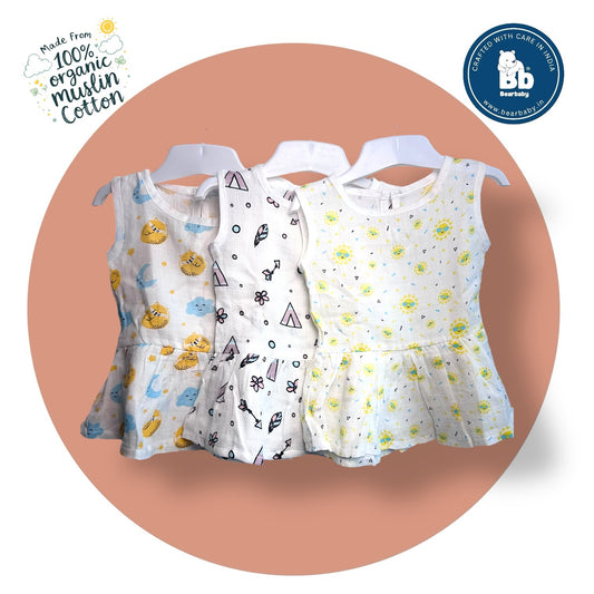 Baby Girl Organic Cotton Sleeveless Frock-Size(3M-6M)-Pack of 3-Assorted Prints 3