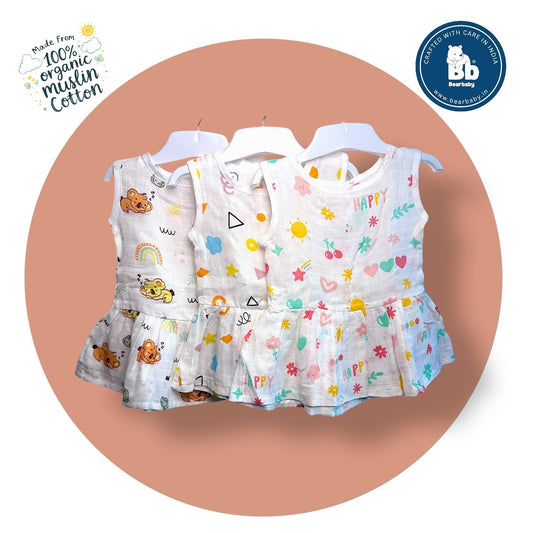 Baby Girl Organic Cotton Sleeveless Frock-Size(3M-6M)-Pack of 3-Assorted Prints 5