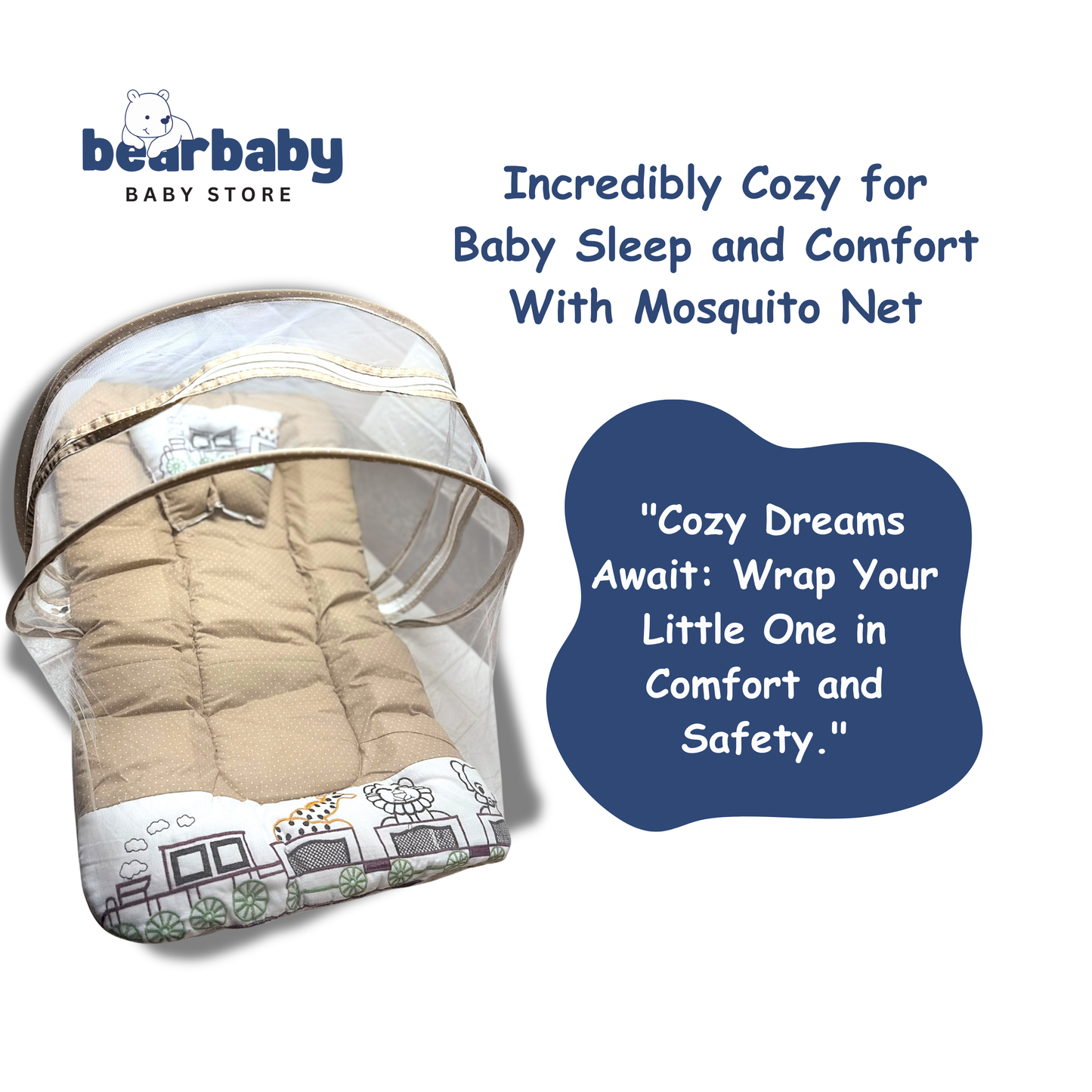 Premium EmbroideryBaby Bed with Thick Mattress & Mosquito Net & Neck Pillowwith Zip Closure