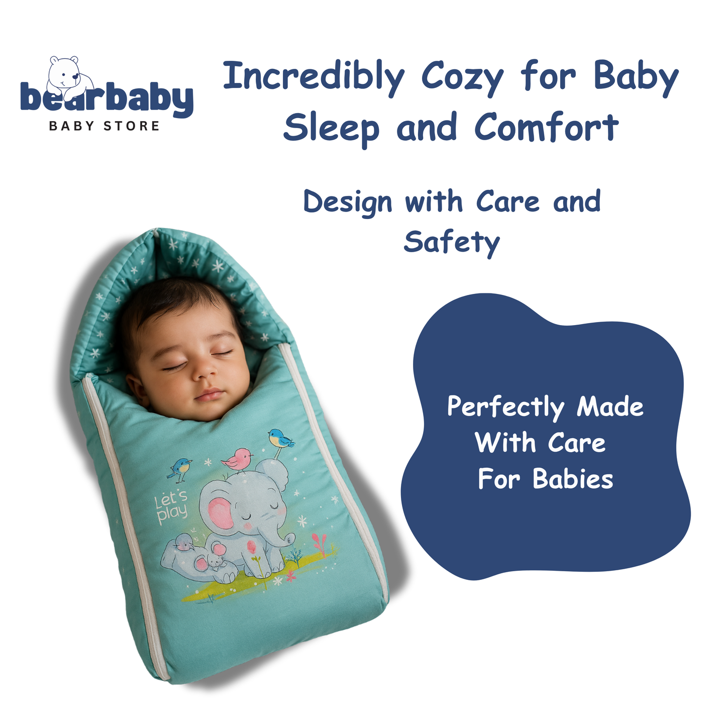 3in 1 Baby Bed Sleeping Bag & Carry Nest Infant Portable Bassinet for Baby Carrying-Elephant Print