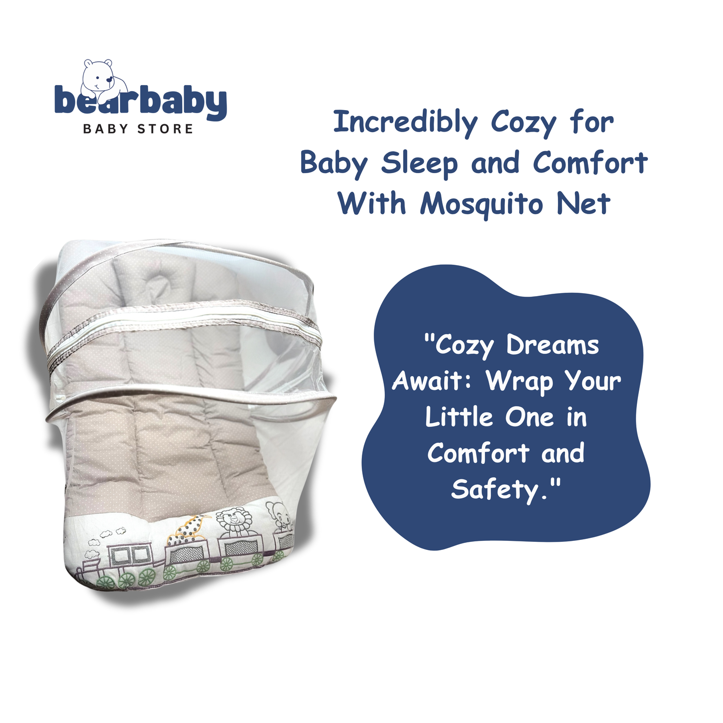 Premium EmbroideryBaby Bed with Thick Mattress & Mosquito Net & Neck Pillowwith Zip Closure