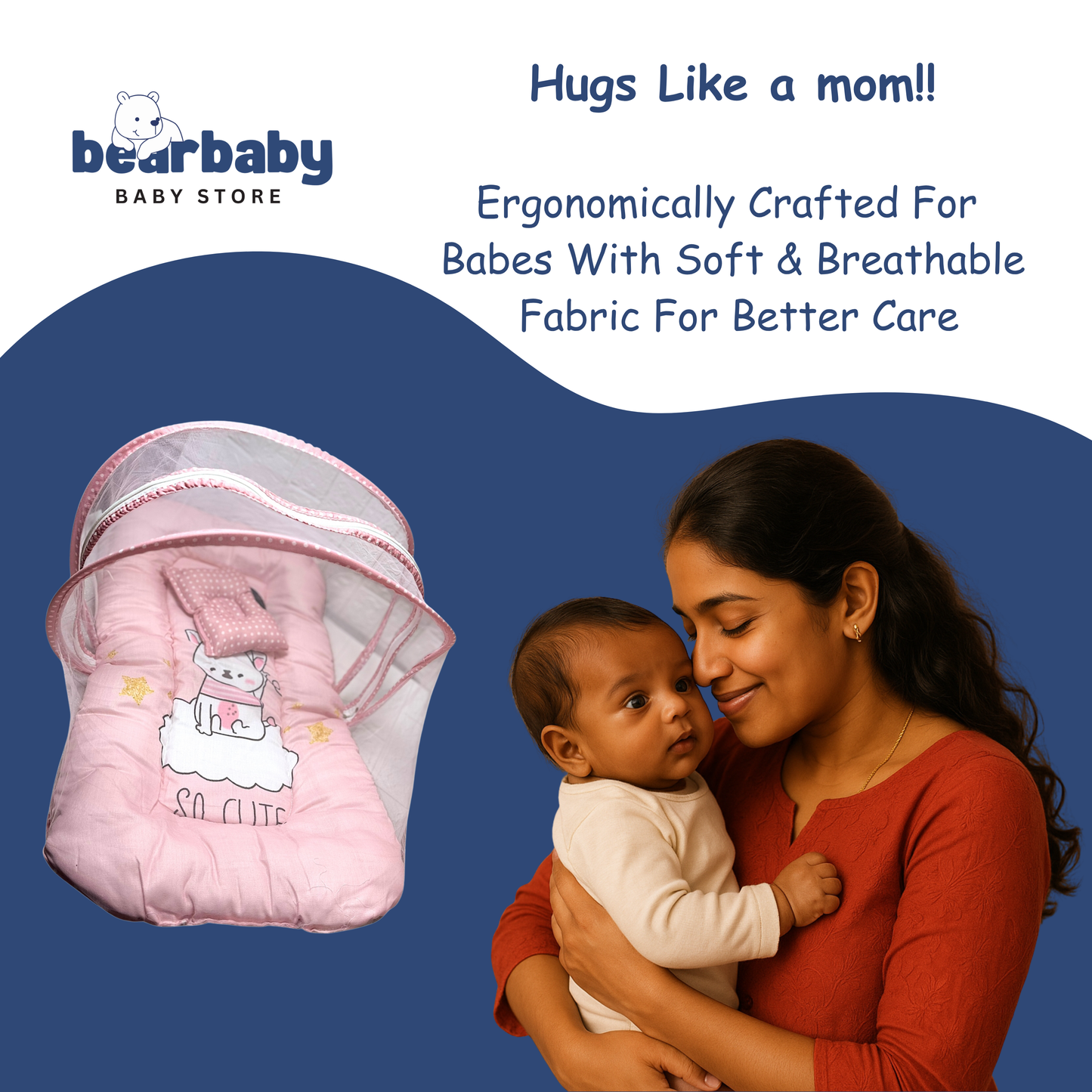 Baby Bed with Thick Mattress & Mosquito Net & Neck Pillowwith Zip Closure-Penguin Hello Winter