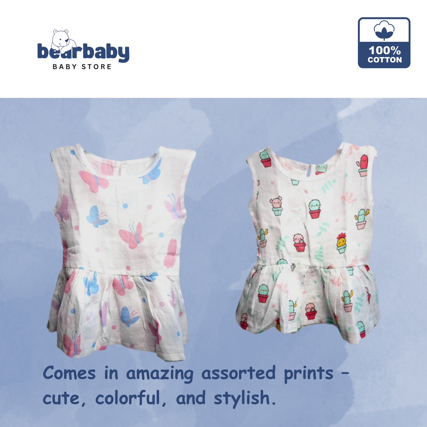 Baby Girl Organic Cotton Sleeveless Frock-Size(3M-6M)-Pack of 2-Assorted Prints 2