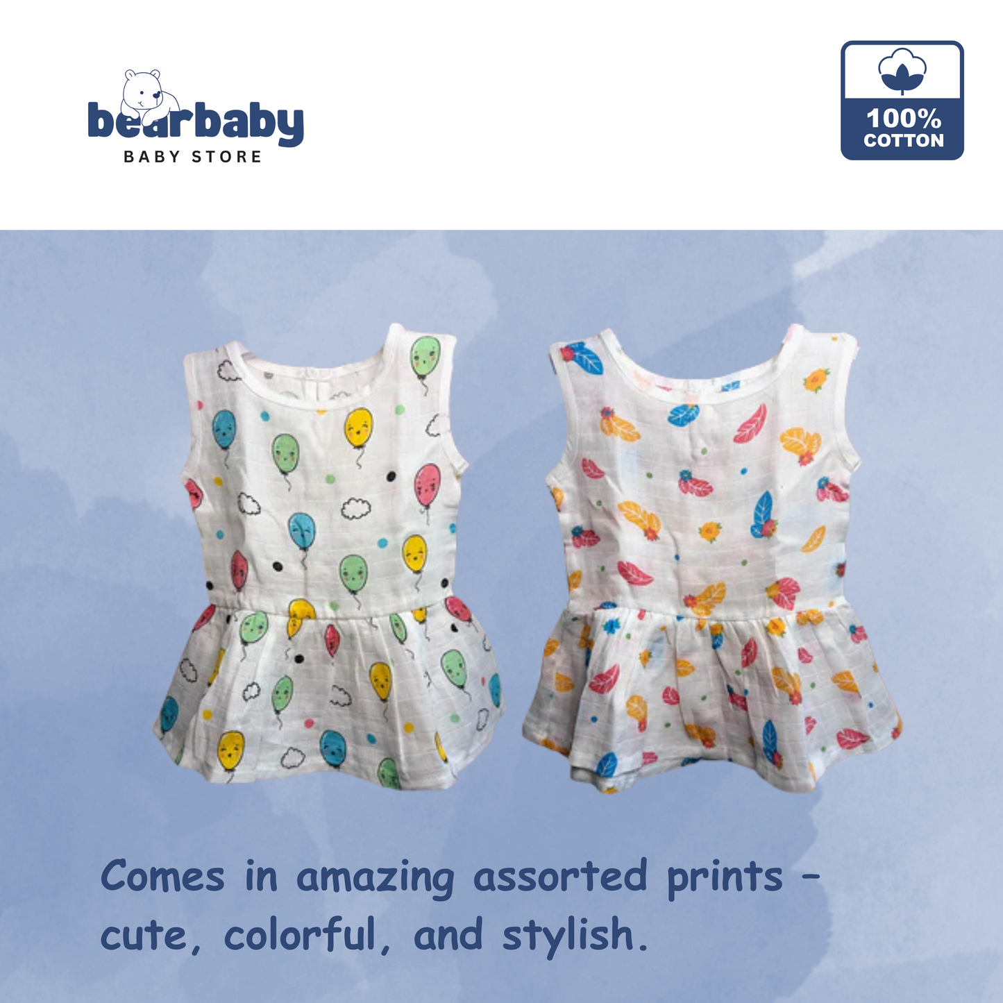 Baby Girl Organic Cotton Sleeveless Frock-Size(3M-6M)-Pack of 2-Assorted Prints 3