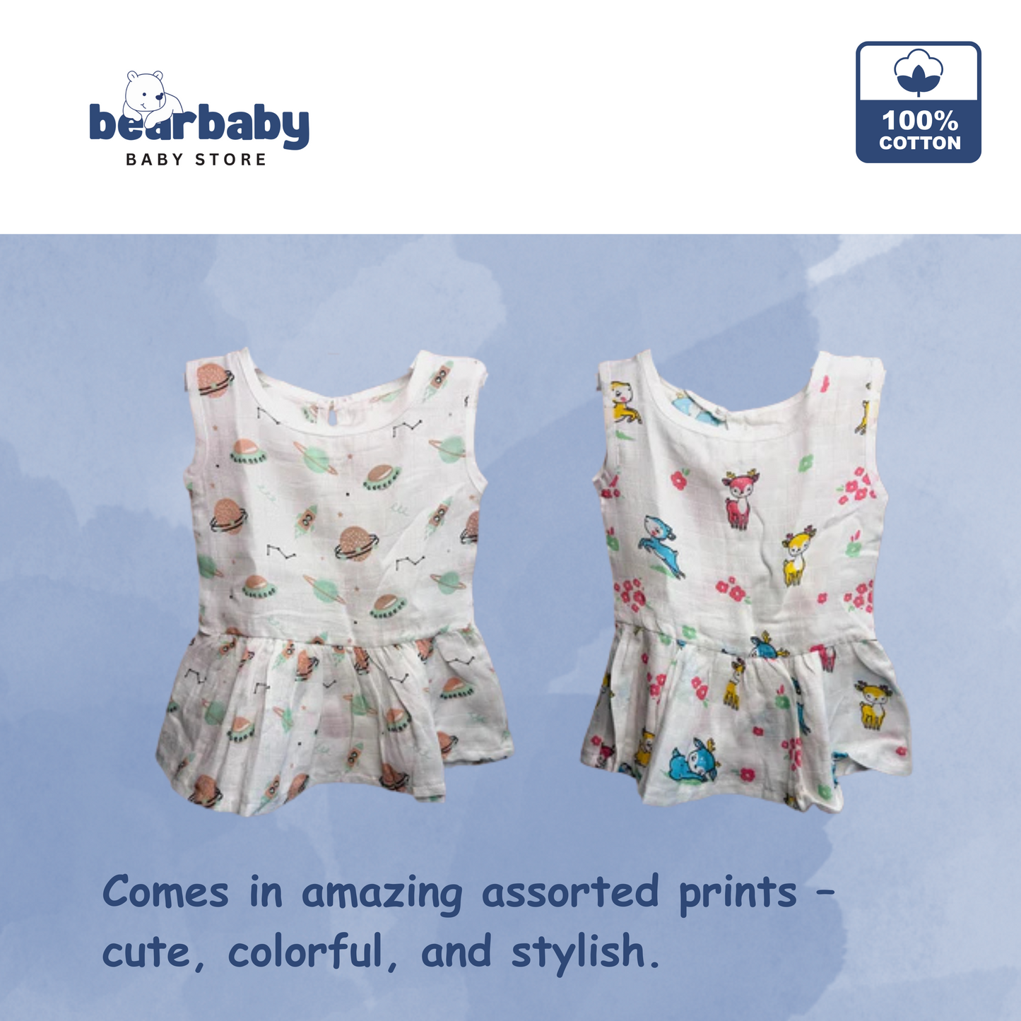 Baby Girl Organic Cotton Sleeveless Frock-Size(3M-6M)-Pack of 2-Assorted Prints 5