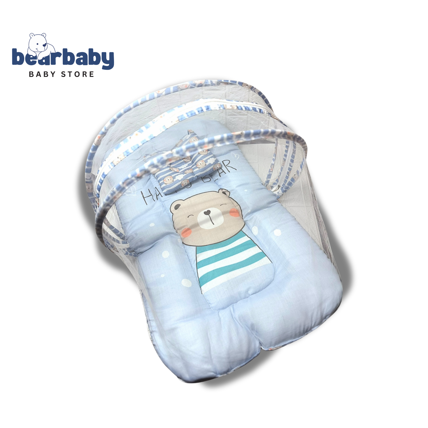Baby Bed with Thick Mattress & Mosquito Net & Neck Pillowwith Zip Closure-Happy Bear