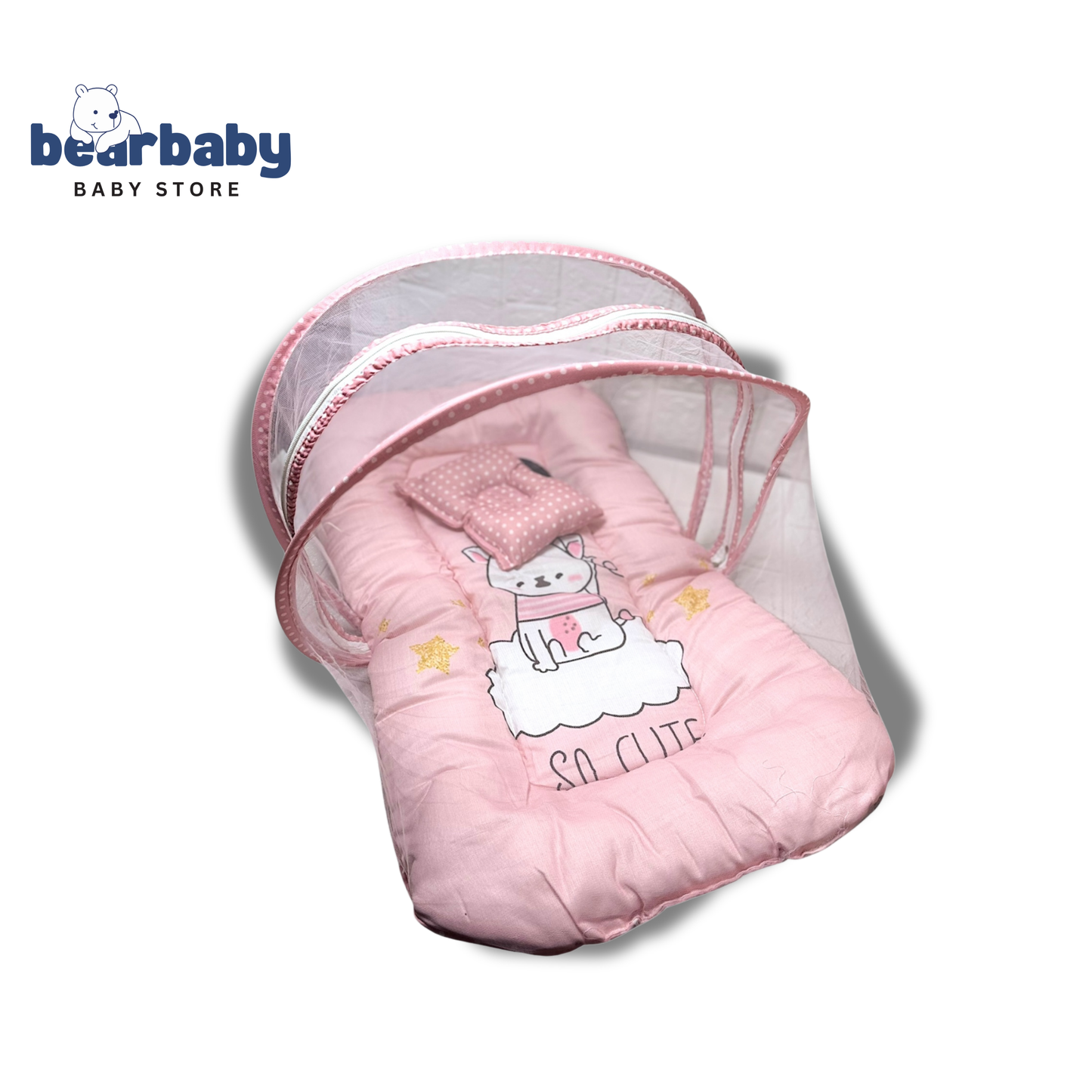 Baby Bed with Thick Mattress & Mosquito Net & Neck Pillowwith Zip Closure-Penguin Hello Winter