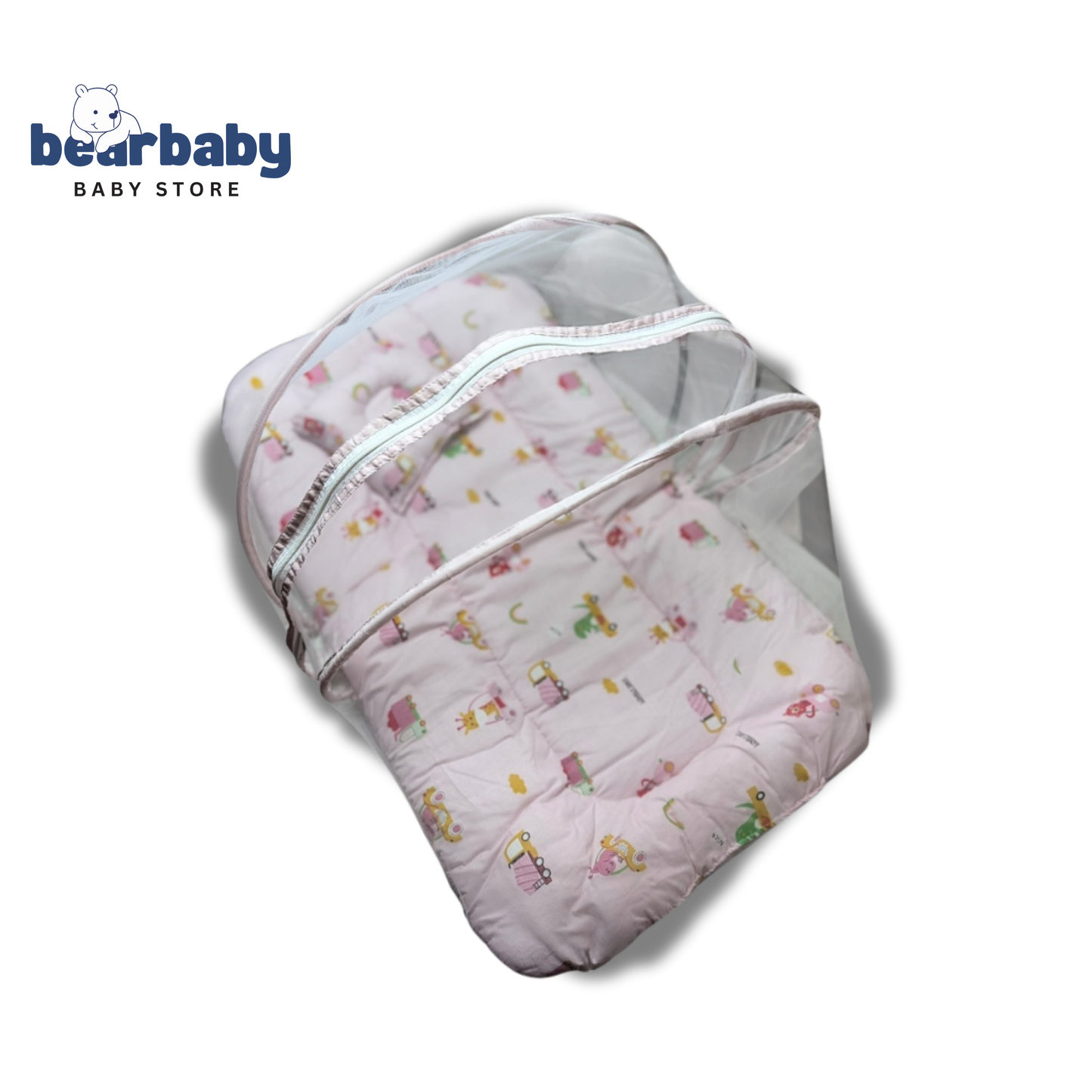 Baby Bed with Thick Mattress & Mosquito Net & Neck Pillowwith Zip Closure-Animal Print
