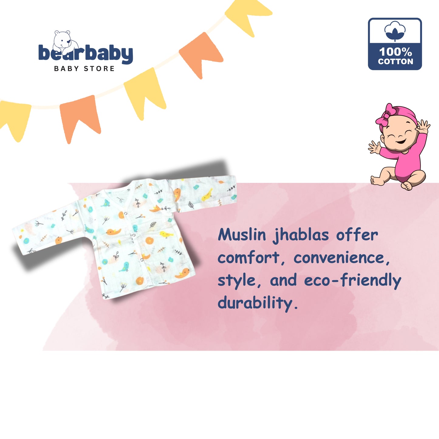 Baby Unisex Organic Cotton Muslin Full Sleeves Jhabla & Payjama Set - Size 9m-12m-Bird Print