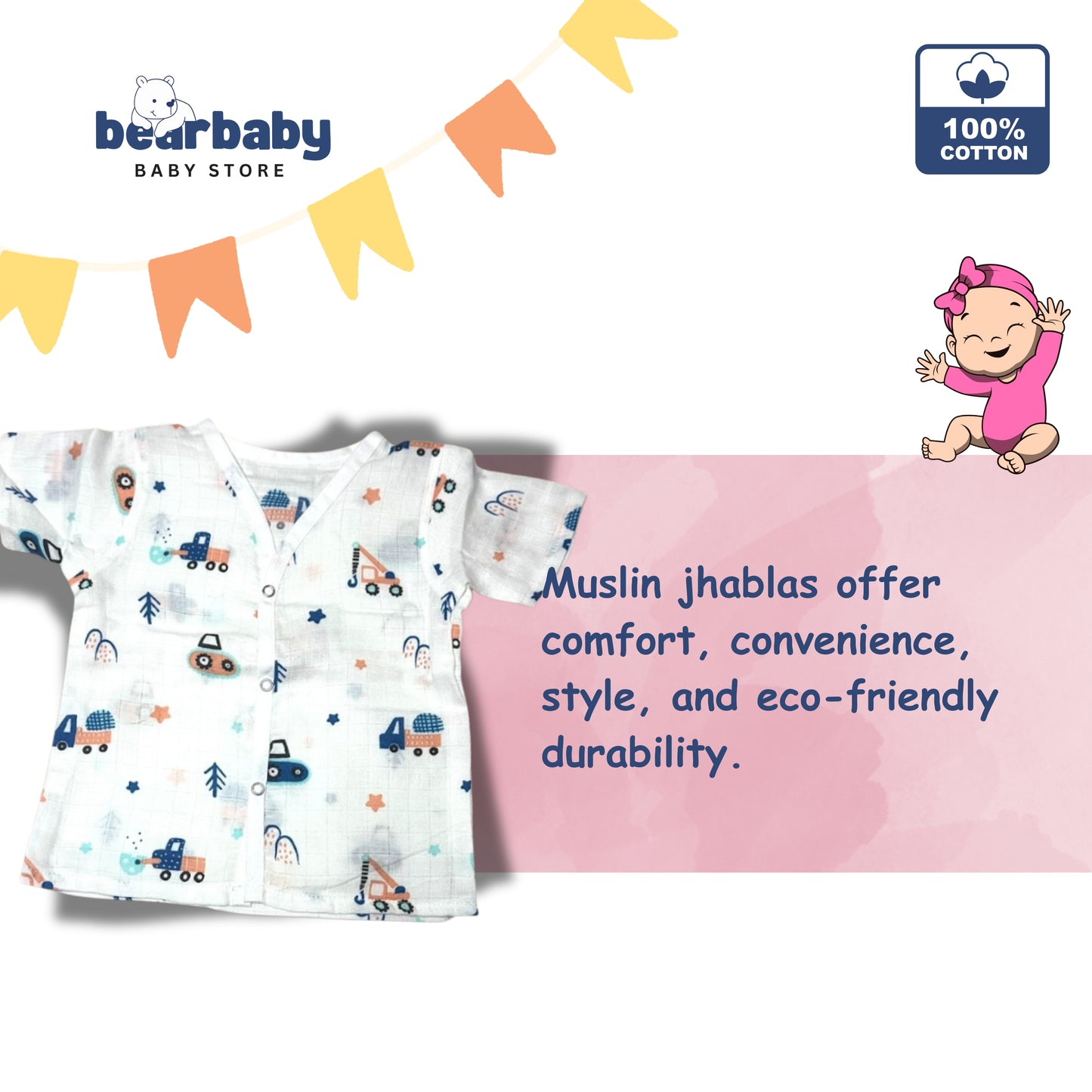 Baby Unisex Organic Cotton Muslin Half Sleeves Jhabla & Payjama Set - Size 6m-9m-Truck Print