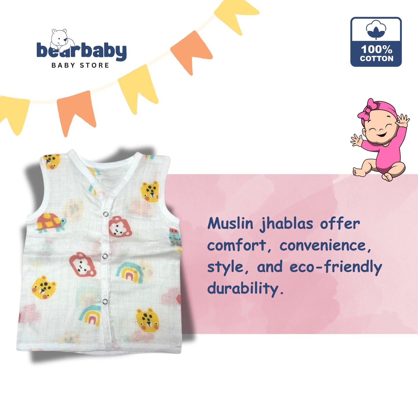 Baby Unisex Organic Cotton Muslin Sleevless Jhabla & Payjama Set - Size 3m-6m-Monkey Print