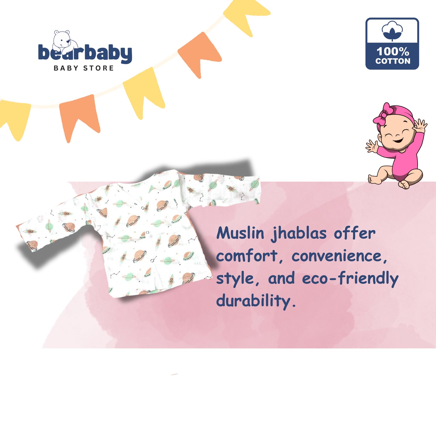 Baby Unisex Organic Cotton Muslin Full Sleeves Jhabla & Payjama Set - Size 6m-9m-Print2