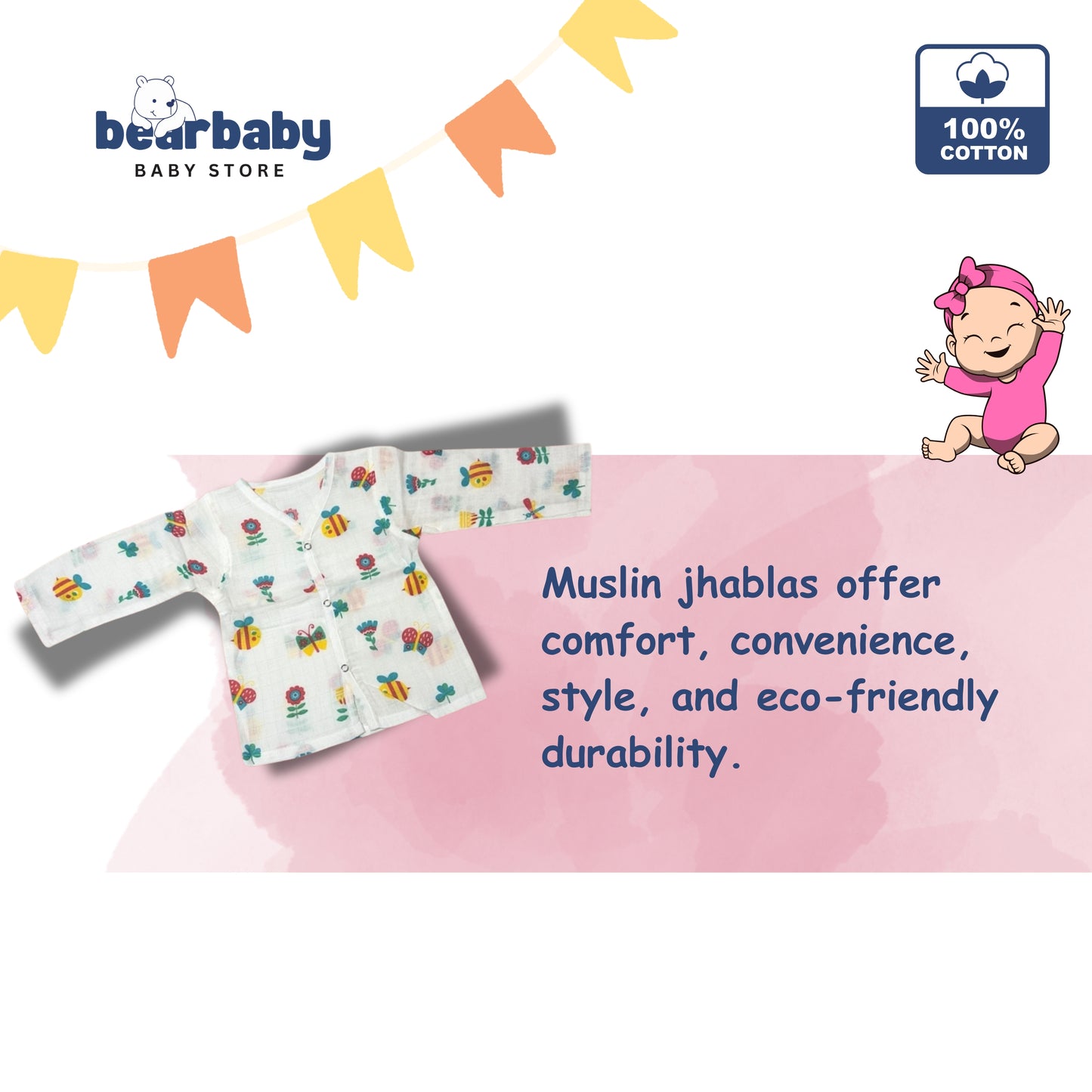 Baby Unisex Organic Cotton Muslin Full Sleeves Jhabla & Payjama Set - Size 6m-9m-Bee Print