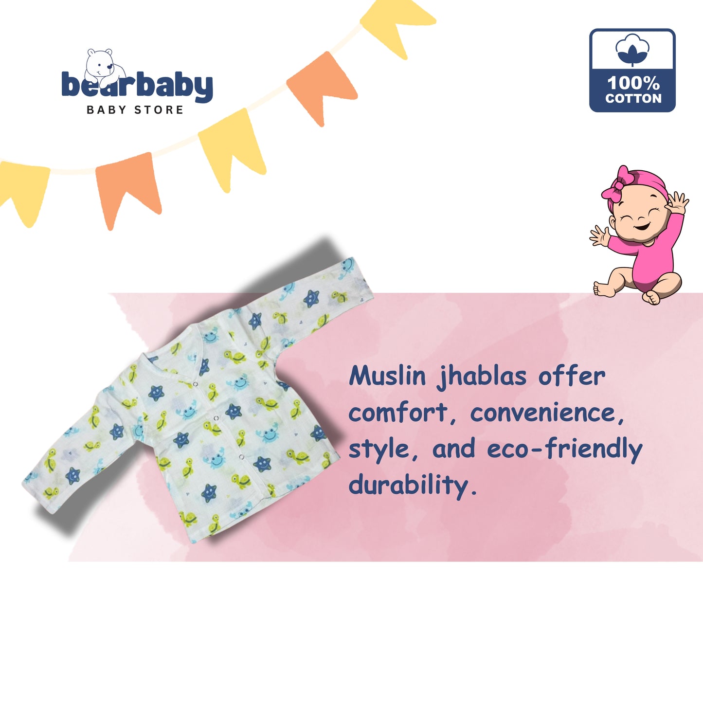 Baby Unisex Organic Cotton Muslin Full Sleeves Jhabla & Payjama Set - Size 9m-12m-Trutle Print
