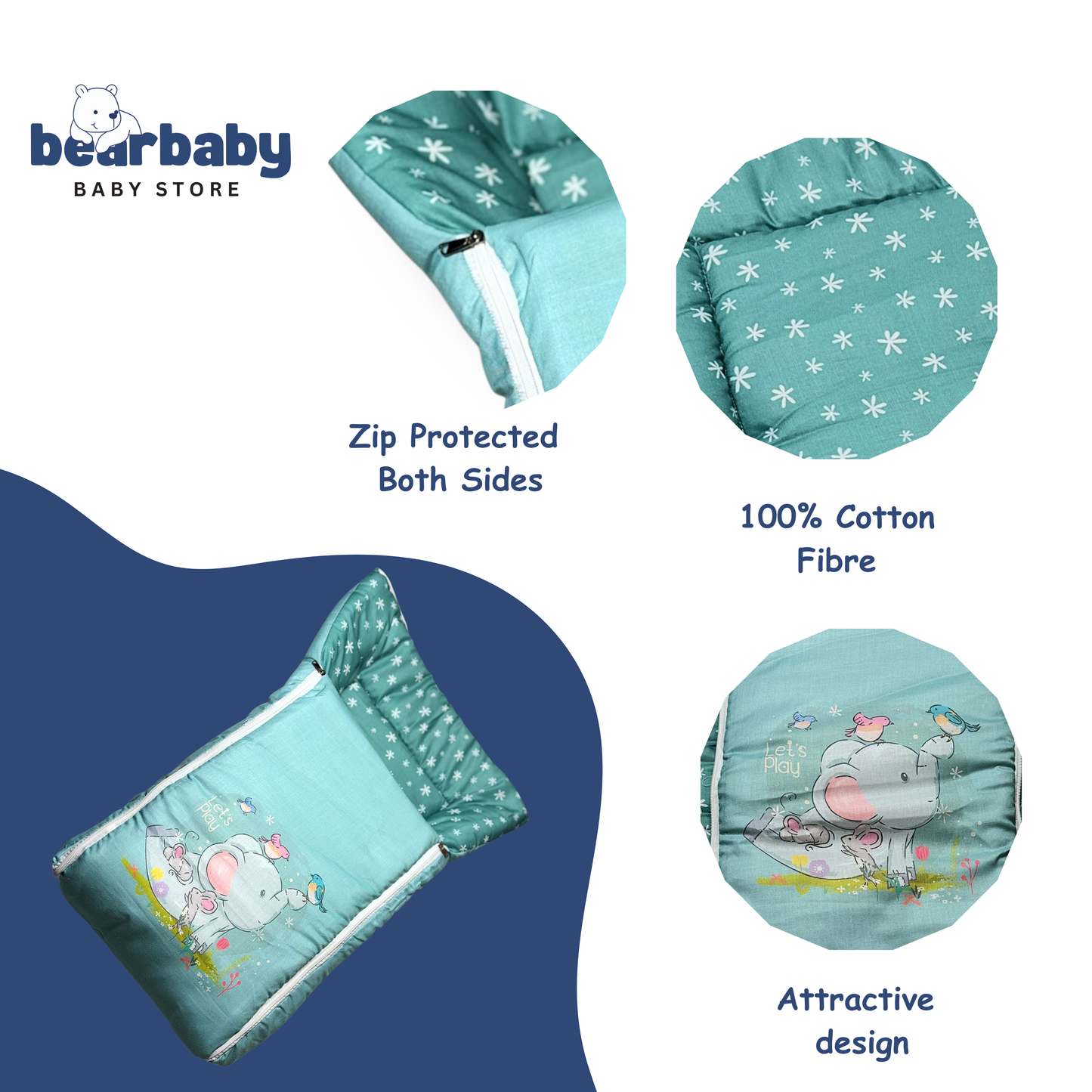 3in 1 Baby Bed Sleeping Bag & Carry Nest Infant Portable Bassinet for Baby Carrying-Elephant Print