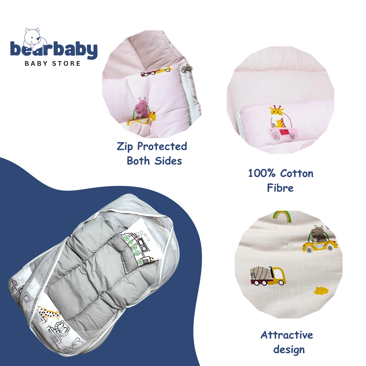 Premium EmbroideryBaby Bed with Thick Mattress & Mosquito Net & Neck Pillowwith Zip Closure