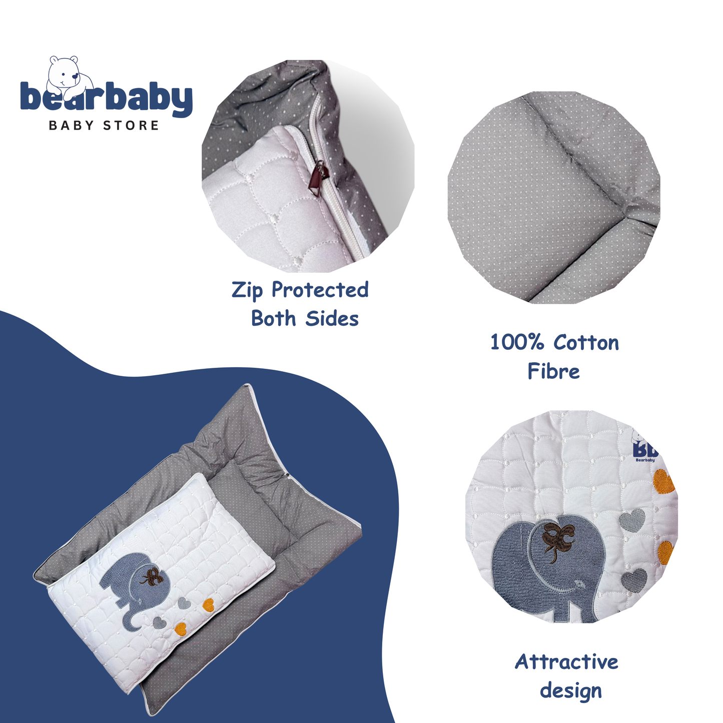 Embroidery Premium Baby Sleeping Bag/ Carry Nest/Mattress/Elephant Print