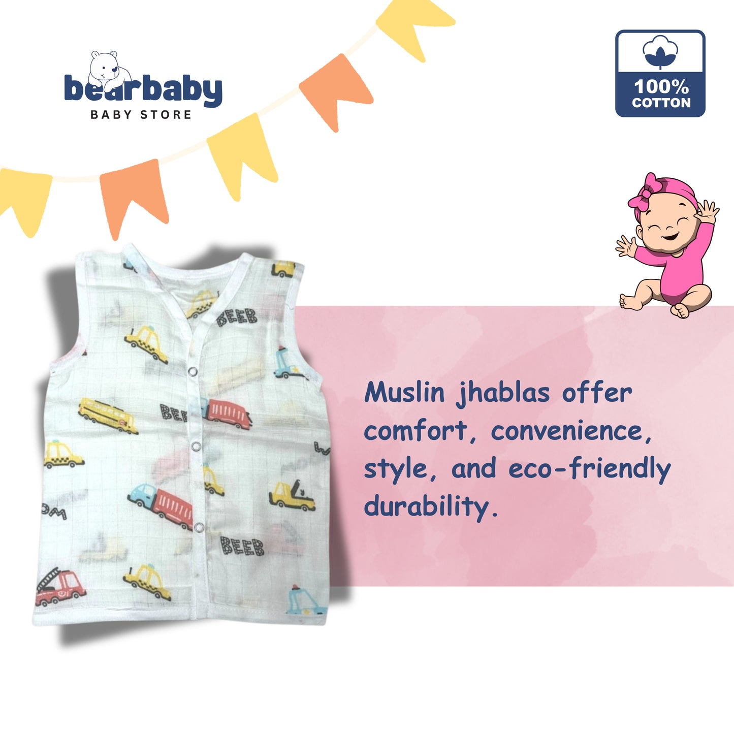 Baby Unisex Organic Cotton Muslin Sleevless Jhabla & Payjama Set - Size 3m-6m-Truck Print
