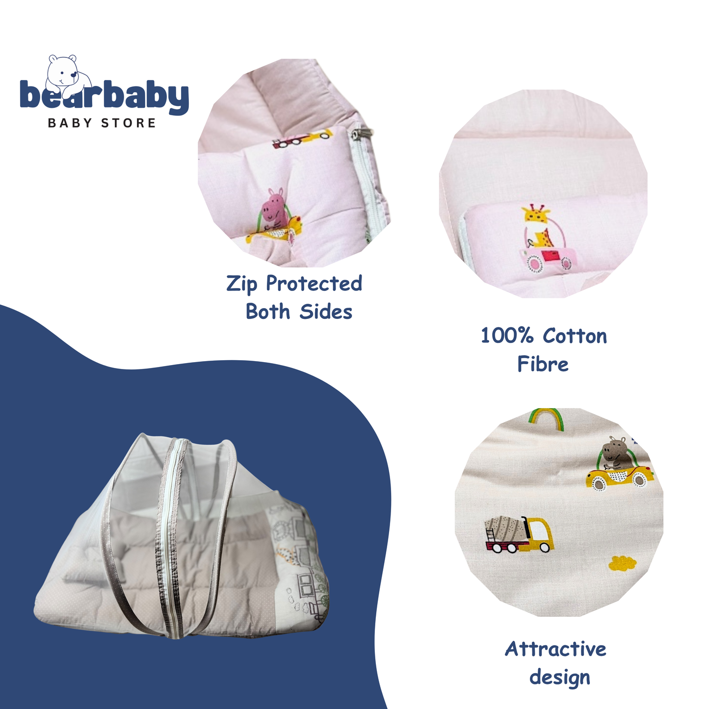 Premium EmbroideryBaby Bed with Thick Mattress & Mosquito Net & Neck Pillowwith Zip Closure