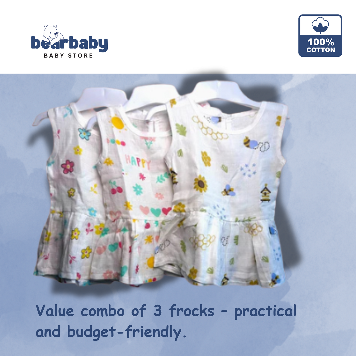 Baby Girl Organic Cotton Sleeveless Frock-Size(3M-6M)-Pack of 3-Assorted Prints 4