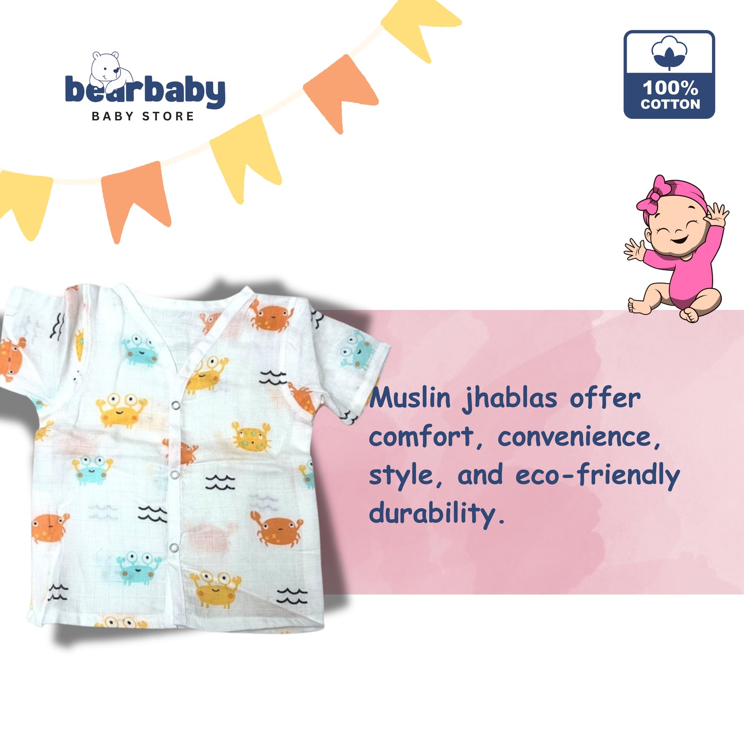 Baby Unisex Organic Cotton Muslin Half Sleeves Jhabla & Payjama Set - Size 6m-9m-Crab Print