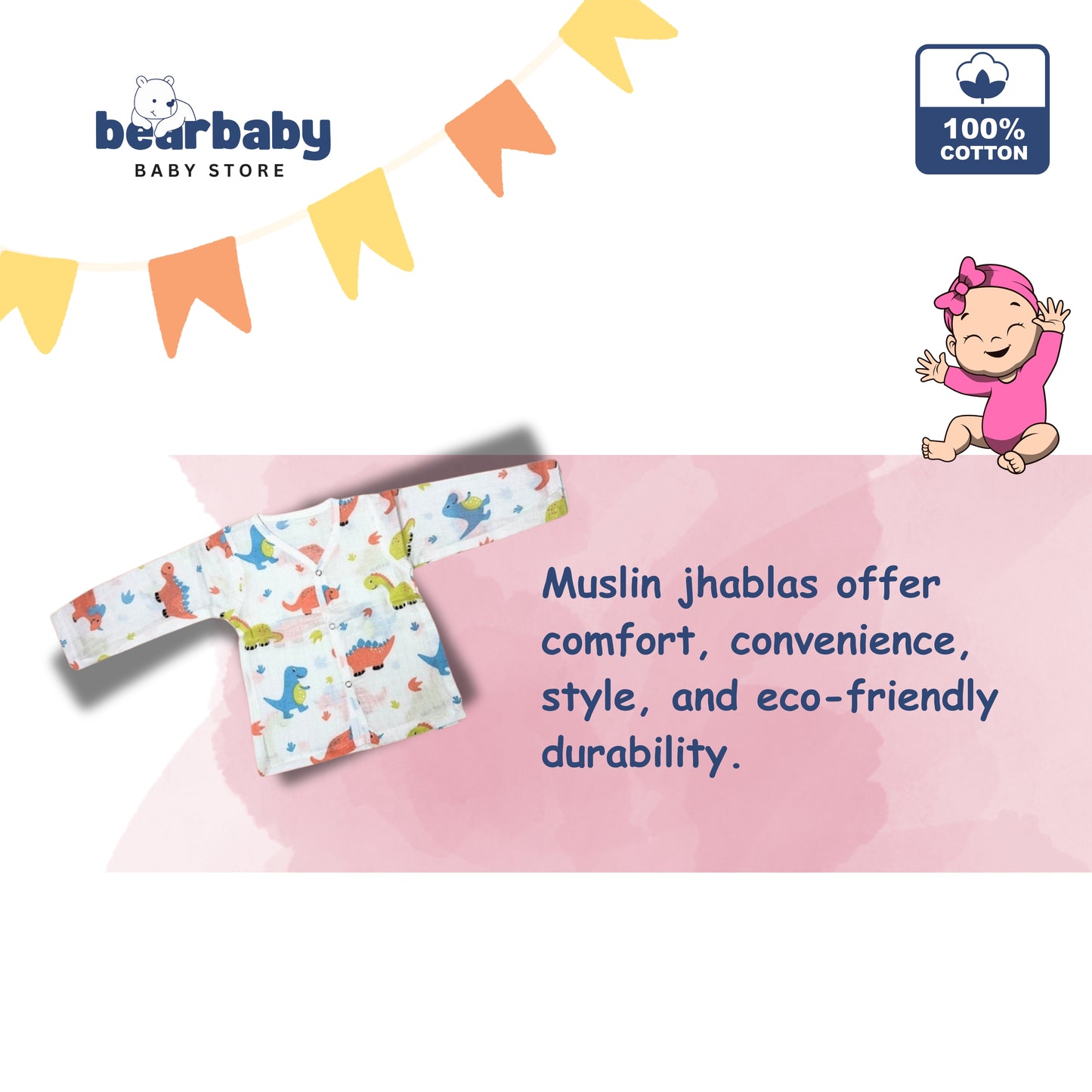 Baby Unisex Organic Cotton Muslin Full Sleeves Jhabla & Payjama Set - Size 9m-12m-Rino Print