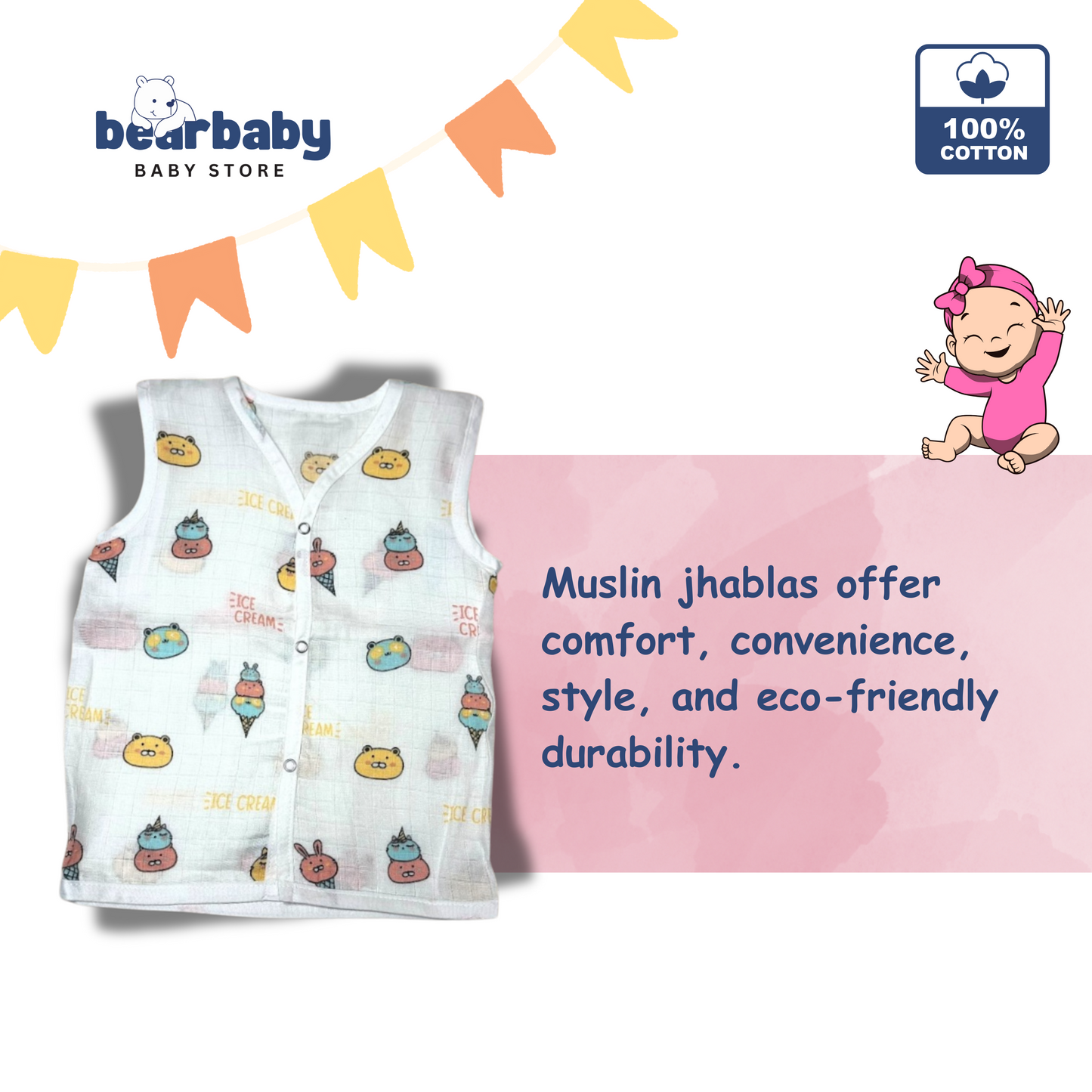 Baby Unisex Organic Cotton Muslin Sleevless Jhabla & Payjama Set - Size 9m-12m-Ice Cream Print