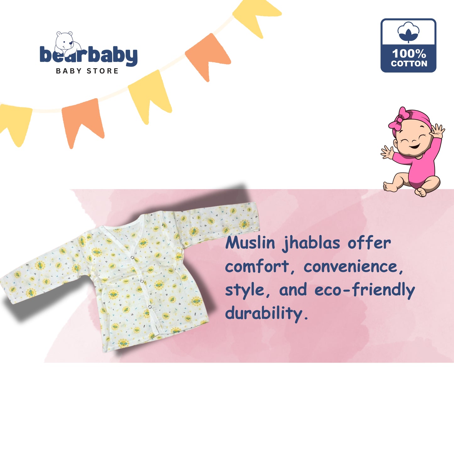 Baby Unisex Organic Cotton Muslin Full Sleeves Jhabla & Payjama Set - Size 6m-9m-Sun Print