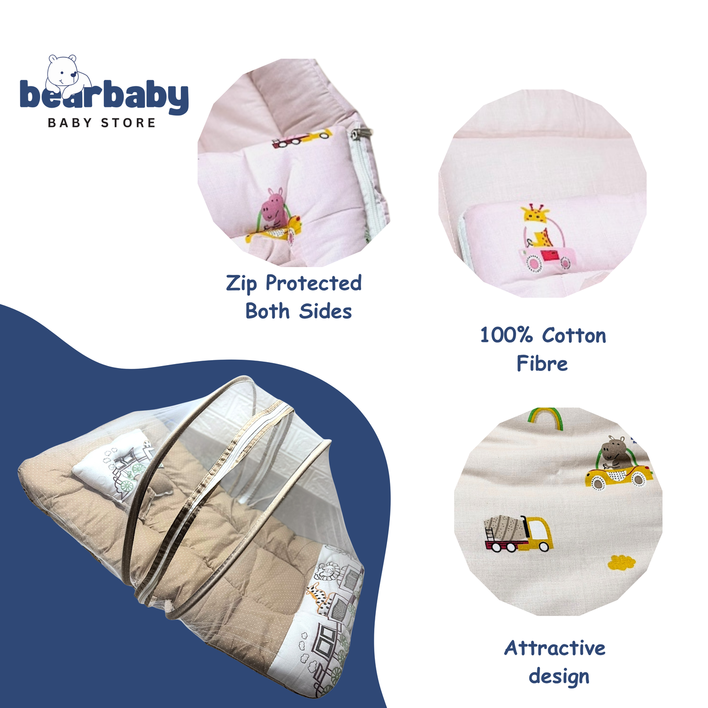 Premium EmbroideryBaby Bed with Thick Mattress & Mosquito Net & Neck Pillowwith Zip Closure