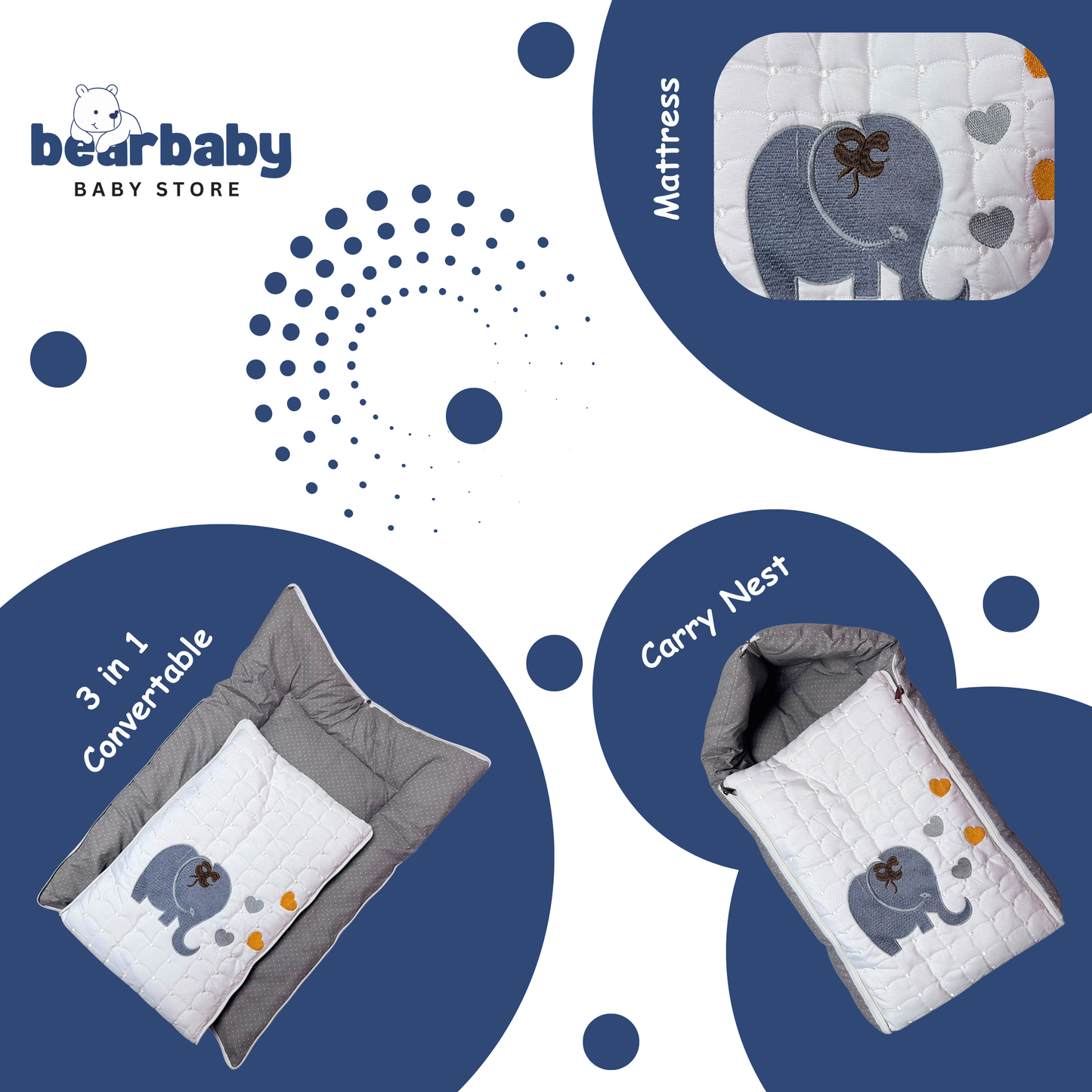 Embroidery Premium Baby Sleeping Bag/ Carry Nest/Mattress/Elephant Print