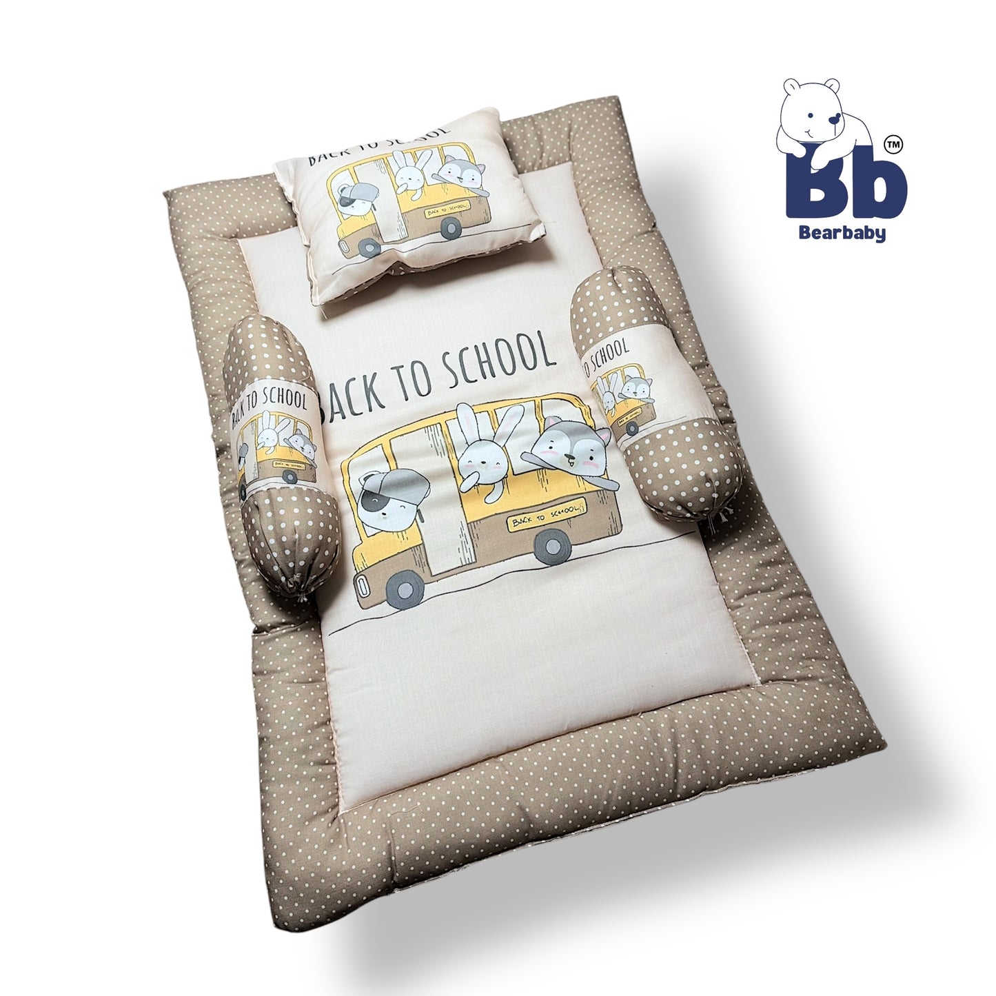 BearBaby Premium Embroidery Cotton Bedding Set | Baby Mattress with Bolster Set & Free Pillow | Soft & Washable Newborn Bedding (0–12 Months) DARK BEIGE