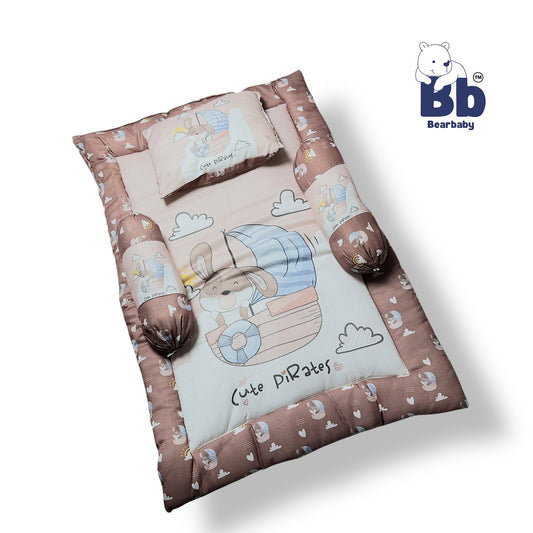 BearBaby Premium Embroidery Cotton Bedding Set | Baby Mattress with Bolster Set & Free Pillow | Soft & Washable Newborn Bedding (0β12 Months) BROWN